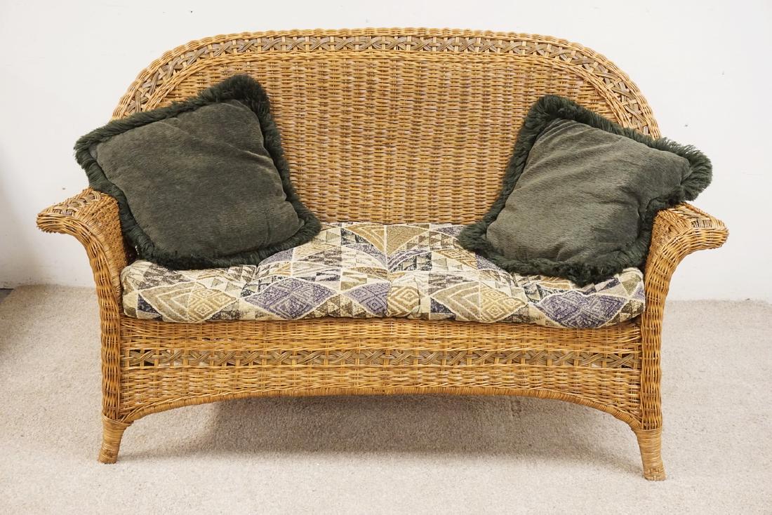 2 TONED WICKER SETTEE WITH CUSHION. 58 INCHES LONG. (1 of 1)