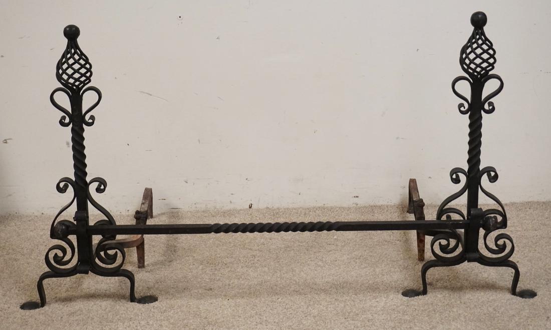 WROUGHT IRON FIREPLACE ANDIRON SET. 29 INCHES HIGH.: WROUGHT IRON FIREPLACE ANDIRON SET. 29 INCHES HIGH.