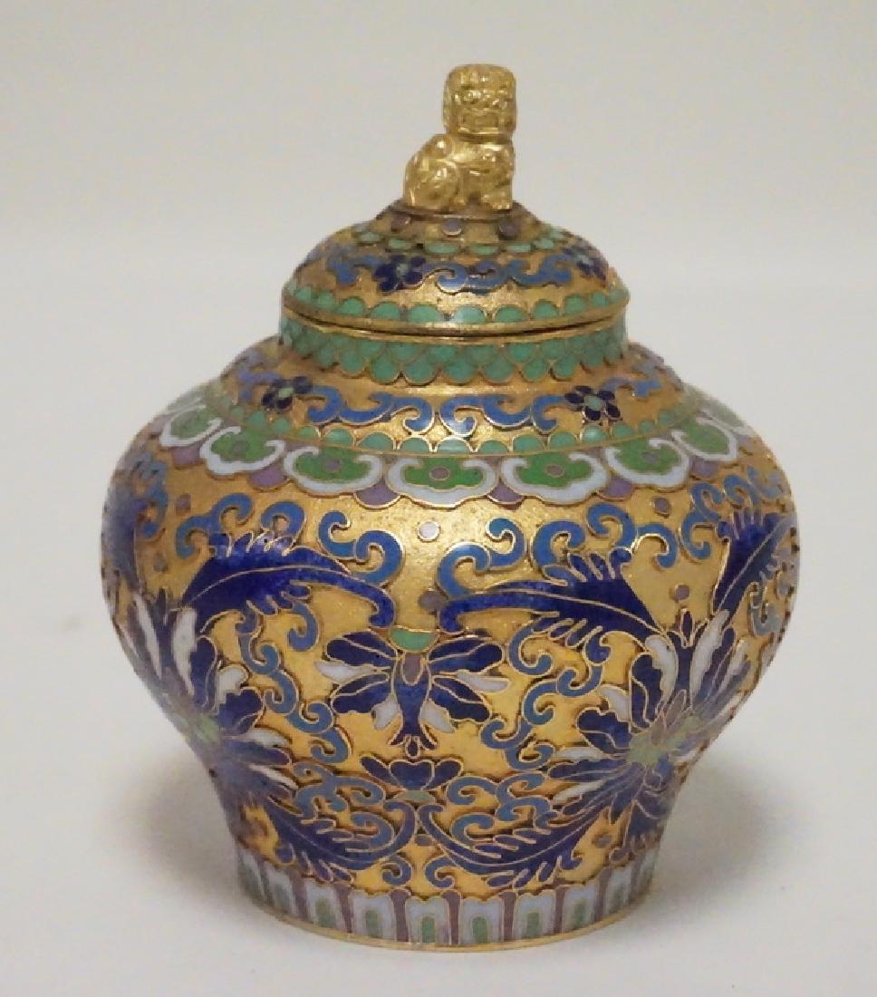 CHAMPLEVE JAR WITH LID. FOO DOG FINIAL. 4 7/8 INCHES: CHAMPLEVE JAR WITH LID. FOO DOG FINIAL. 4 7/8 INCHES HIGH.