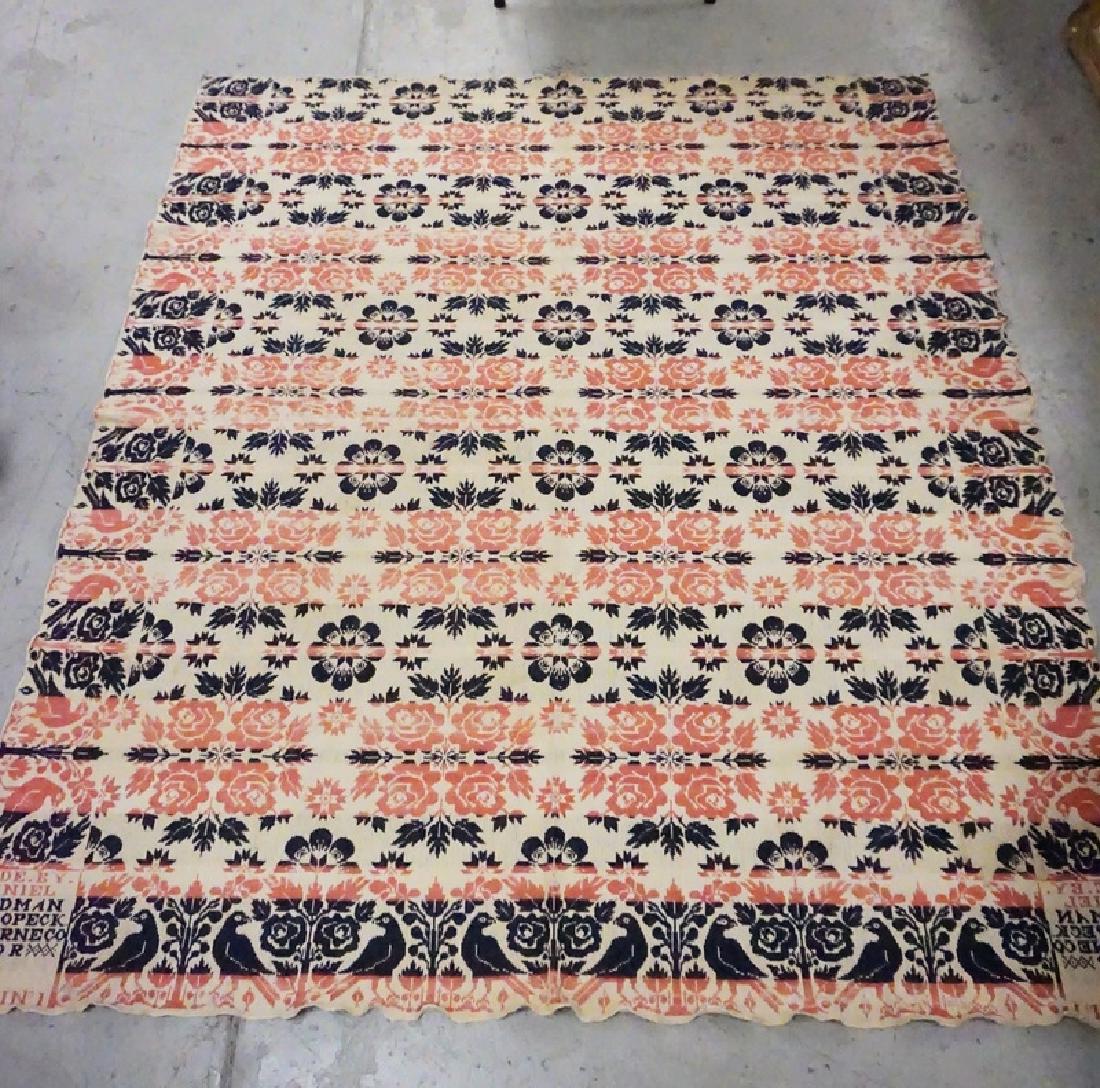 1841 COVERLET BY *DANIEL - GOODMAN NESCOPECK, LUZERNE: 1841 COVERLET BY *DANIEL - GOODMAN NESCOPECK, LUZERNE CO*. DECORATED WITH BIRDS AND FLOWERS. 75 X 86 INCHES.
