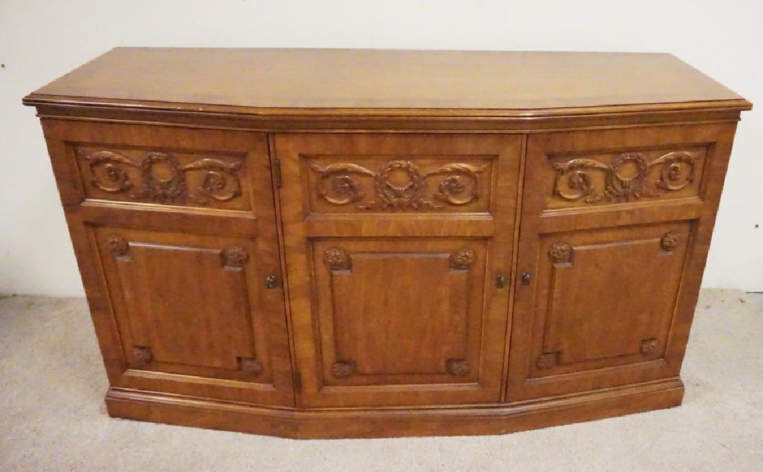 HENREDON CHERRY CREDENZA WITH 3 DOORS. RECESSED PANELS: HENREDON CHERRY CREDENZA WITH 3 DOORS. RECESSED PANELS AND CARVED DÉCOR.
