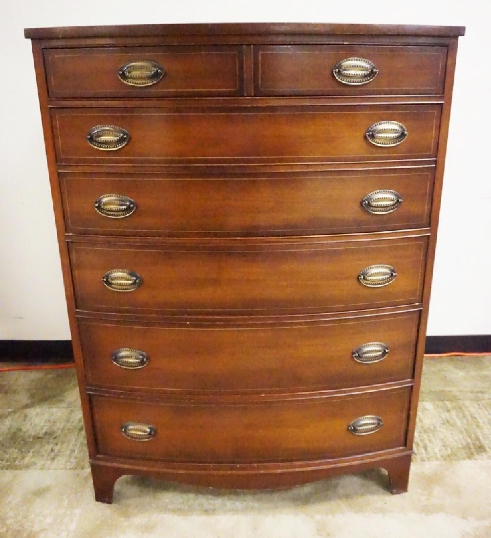 HENREDON MAHOGANY BOW FRONT HIGH CHEST OF DRAWERS. LINE