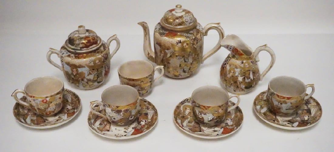 12 PIECE SATSUMA TEA SET. TEAPOT, CREAM, SUGAR, 5 CUPS, (1 of 2)