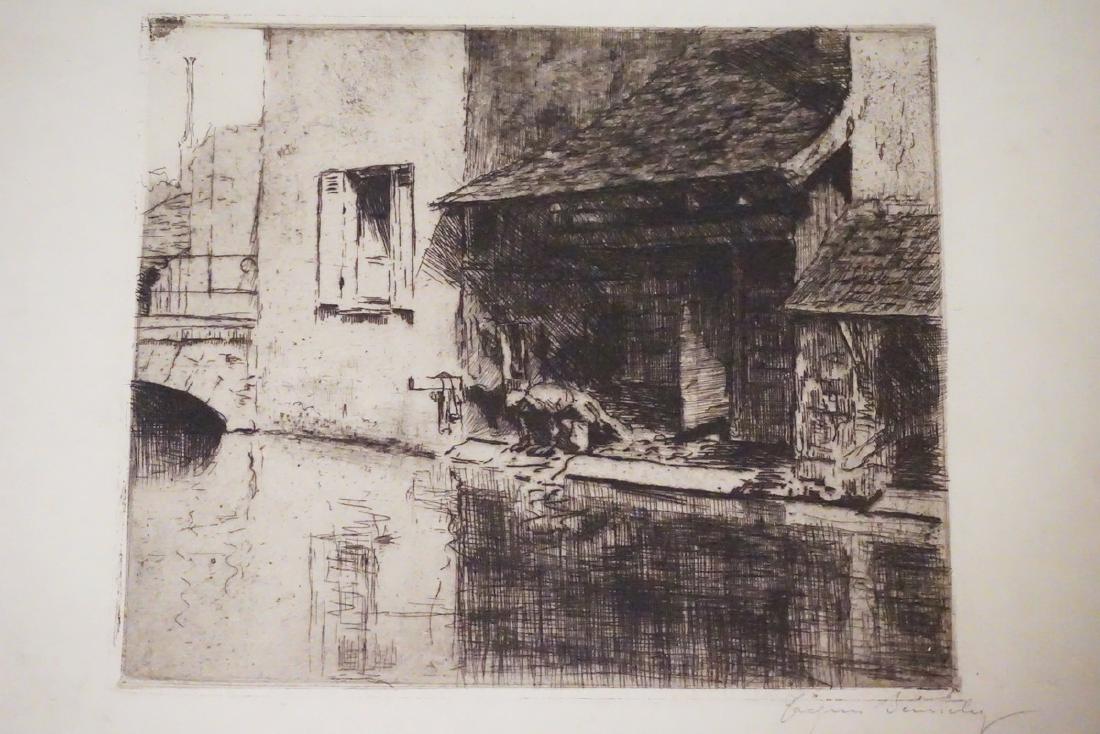 JACQUES BEURDELEY (1874-1954) ETCHING WITH PLATETONE OF: JACQUES BEURDELEY (1874-1954) ETCHING WITH PLATETONE OF A MAN KNEELING BY A CANAL IN FRONT OF BUILDINGS. PENCIL SIGNED LOWER RIGHT. ON LAID PAPER WITH WIDE MARGINS. 145 X 175 MM.