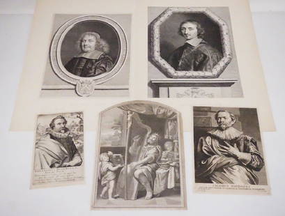 LOT OF 5 ANTIQUE PORTRAIT ETCHINGS. INCLUDES JACQUES: LOT OF 5 ANTIQUE PORTRAIT ETCHINGS. INCLUDES JACQUES CHEREAU, PIETER DE JODE THE YOUNGER, ETC. LARGEST IS 14 1/4 X 10 1/2 INCHES.