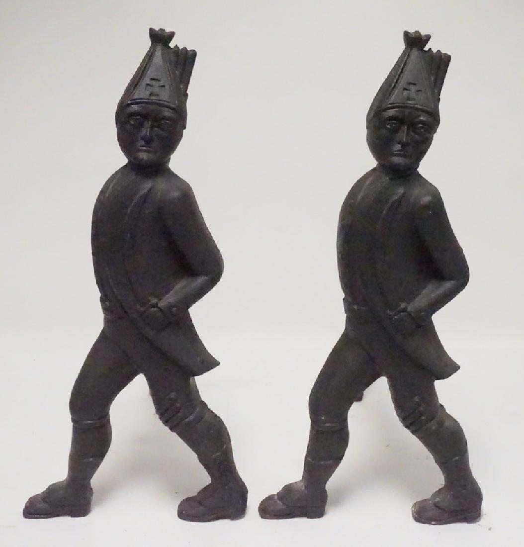 PAIR OF KNOWLTON BROS (CAMDEN MAINE) CAST IRON ANDIRONS: PAIR OF KNOWLTON BROS (CAMDEN MAINE) CAST IRON ANDIRONS DEPICTING CIVIL WAR INFANTRY FIGURES. 20 INCHES HIGH.
