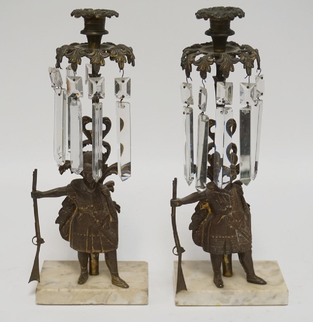 PAIR OF ANTIQUE GILT BRONZE GIRANDOLES WITH FIGURES OF: PAIR OF ANTIQUE GILT BRONZE GIRANDOLES WITH FIGURES OF HUNTERS, 14 INCHES HIGH. FINISH HAS WEAR.