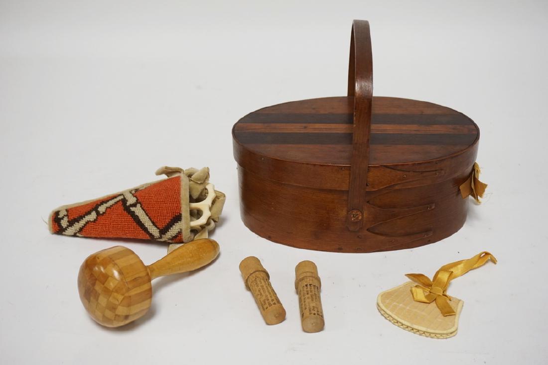 ANTIQUE SHAKER SEWING KIT. 8 1/8 X 5 1/2 INCHES OVAL. (1 of 4)