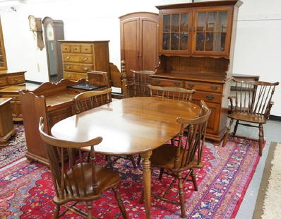 STERLING HOUSE SOLID CHERRY DINING ROOM SET. TABLE WITH: STERLING HOUSE SOLID CHERRY DINING ROOM SET. TABLE WITH 2 LEAVES, 6 CHAIRS, A SERVER WITH A LIFT OUT SERING TRAY, AND A 2 PIECE CHINA CABINET.