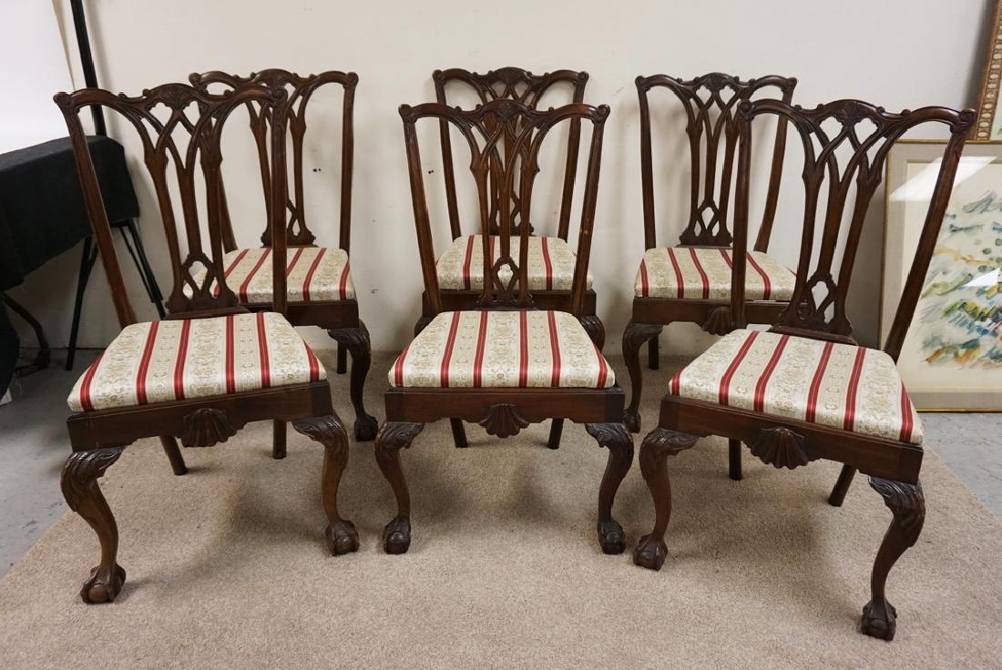 SET OF 6 CARVED MAHOGANY CHIPPENDALE STYLE DINING: SET OF 6 CARVED MAHOGANY CHIPPENDALE STYLE DINING CHAIRS WITH SHELL CARVINGS AND BALL AND CLAW FEET.