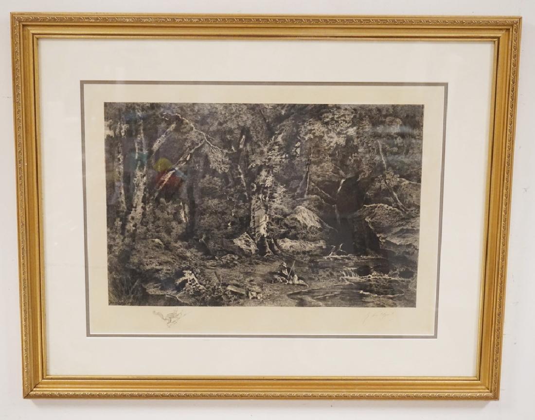 RENE PAUL HUET PENCIL SIGNED ETCHING OF A WOODLAND: RENE PAUL HUET PENCIL SIGNED ETCHING OF A WOODLAND SCENE DEPICTING A MAN WITH A FISHING ROD AND HIS DOG ON THE BANK OF A STREAM. 21 1/4 X 15 1/4 INCH IMPRESSION. PROFESIONALLY FRAMED AND DOUBLE MATTED