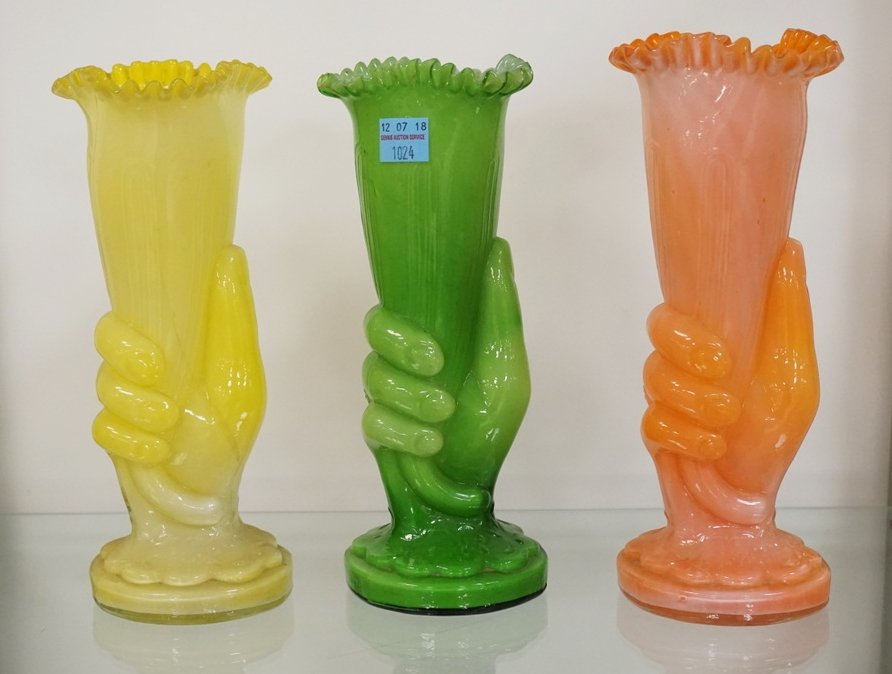 LOT OF 3 MOLD BLOWN GLASS VASES DEPICTING HANDS HOLDIN (1 of 1)