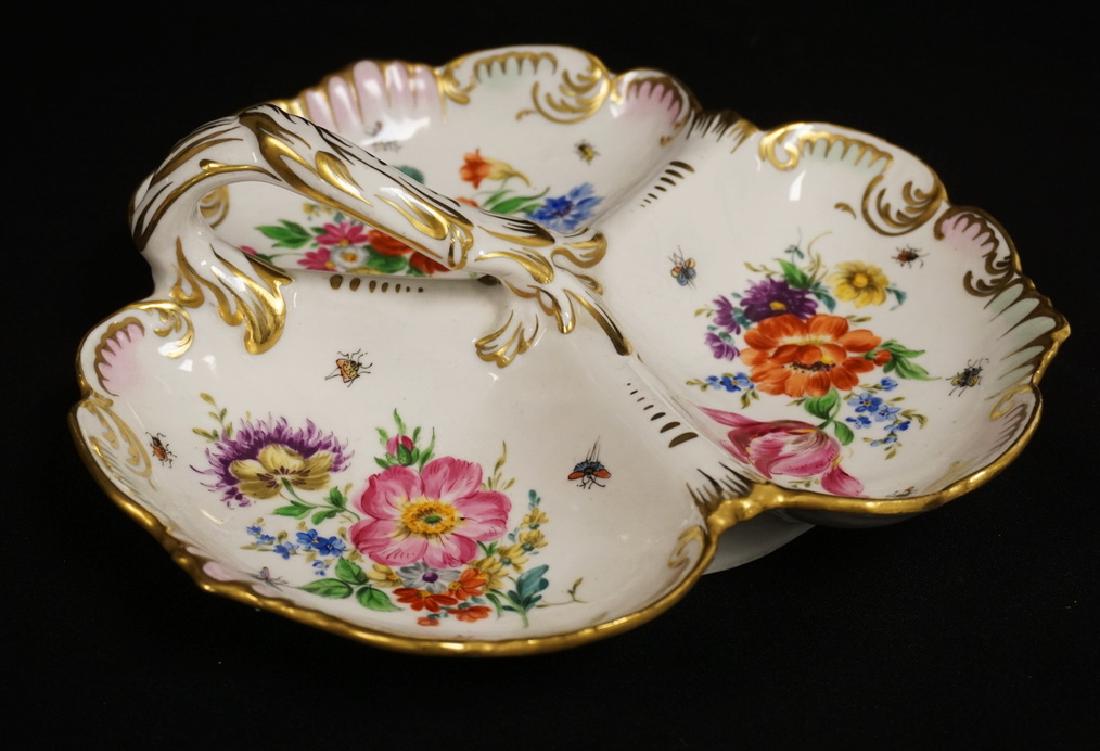 DRESDEN PORCELAIN DIVIDED DISH WITH HANDLE. HAND (1 of 3)