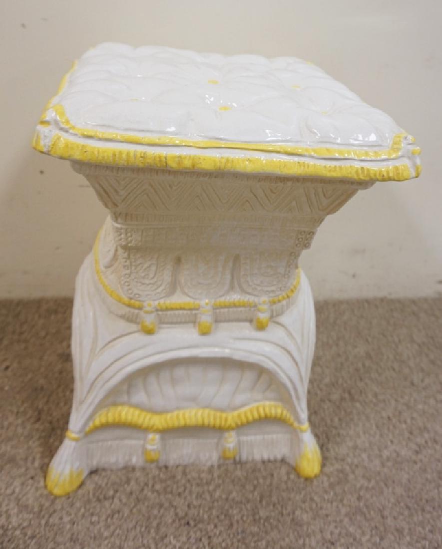 POTTERY GARDEN SEAT IN WHITE WITH YELLOW TASSEL: POTTERY GARDEN SEAT IN WHITE WITH YELLOW TASSEL DESIGNS. 18 INCHES HIGH. 12 1/2 INCHES SQUARE.