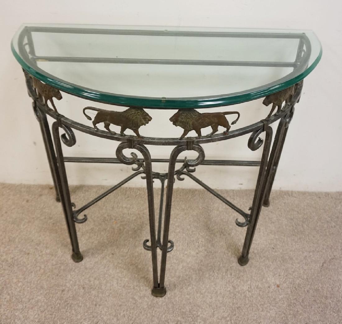 UNUSUAL IRON AND BRONZE GLASS TOP CONSOLE TABLE WITH (1 of 5)