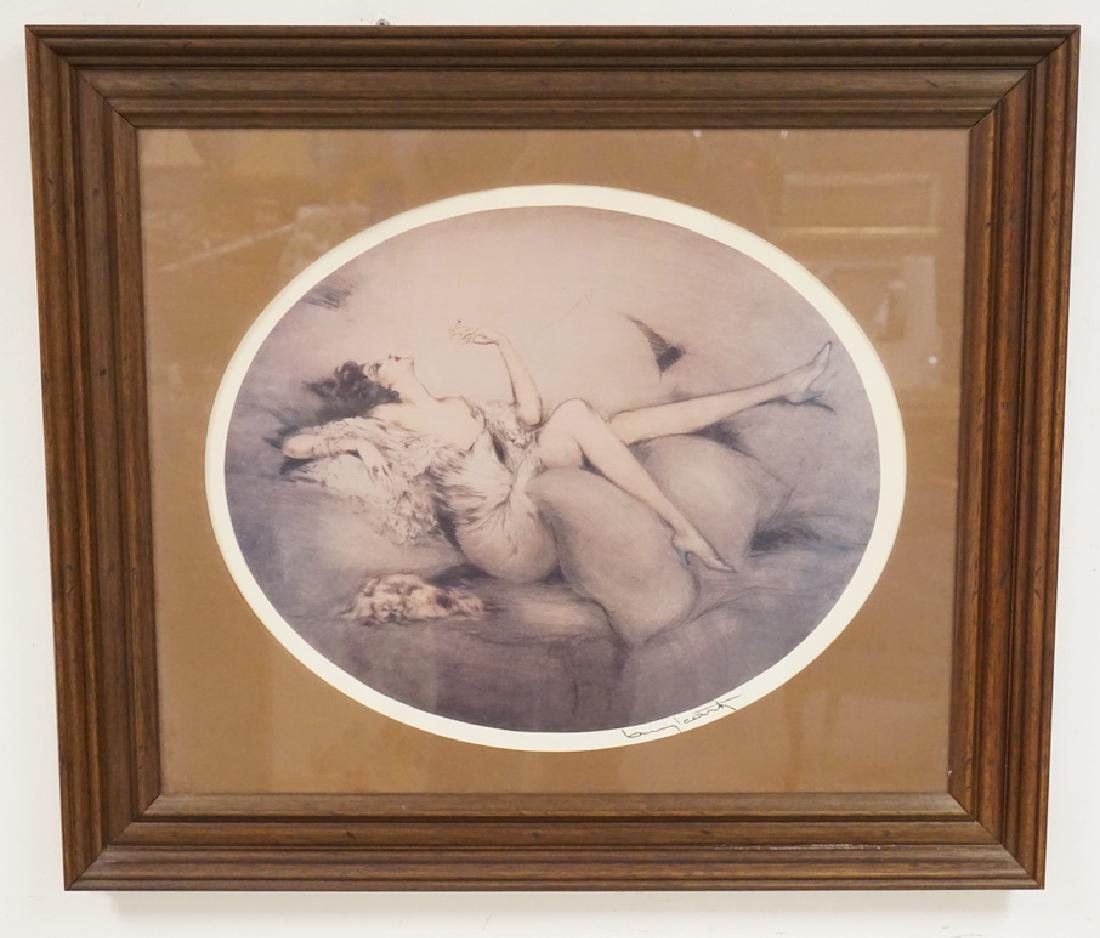 ICART PRINT OF A RECLINING WOMAN SMOKING A CIGARETTE.: ICART PRINT OF A RECLINING WOMAN SMOKING A CIGARETTE. 29 1/2X 25 1/4 INCH FRAME.