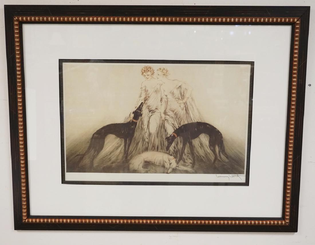 LOUIS ICART PRINT OF TWO WOMEN AND THREE DOGS. (1 of 2)
