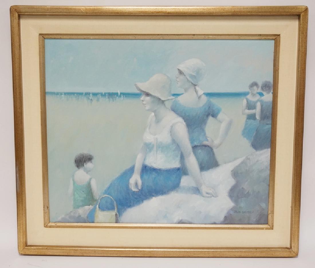 JEAN DAUMIER PAINTING ON CANVAS OF A FAMILY AT THE: JEAN DAUMIER PAINTING ON CANVAS OF A FAMILY AT THE BEACH. SIGNED LOWER RIGHT. 23 1/2 X 19 1/2 INCH SIGHT SIZE.