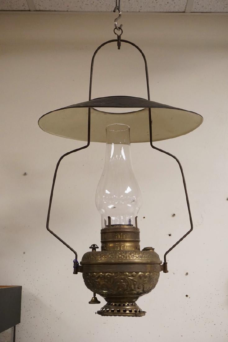 ANTIQUE HANGING STORE OIL LAMP. TOOLED BRASS. (1 of 2)