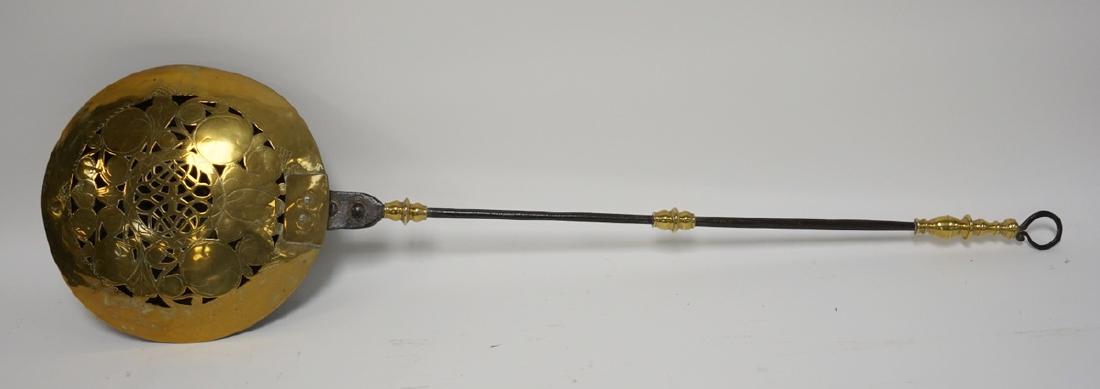 BRASS AND IRON BED WARMER. 42 1/2 INCHES LONG.: BRASS AND IRON BED WARMER. 42 1/2 INCHES LONG.