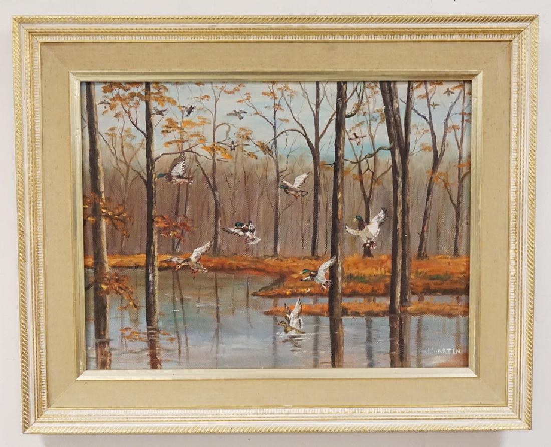 J. MARTIN OIL PAINTING ON BOARD OF DUCKS LANDING IN A