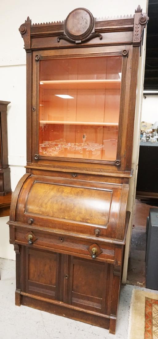 VICTORIAN CYLINDER ROLL TOP DESK WITH A BOOKCASE TOP. (1 of 2)