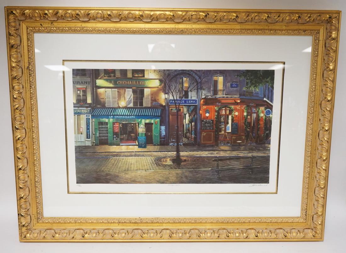 PENCIL SIGNED PRINT OF A FRENCH CITY STREET WITH: PENCIL SIGNED PRINT OF A FRENCH CITY STREET WITH STOREFRONTS. TITLED *PASSAGE LEPIC* 41 X 30 1/2 INCH FRAME. EDITION 628/650.
