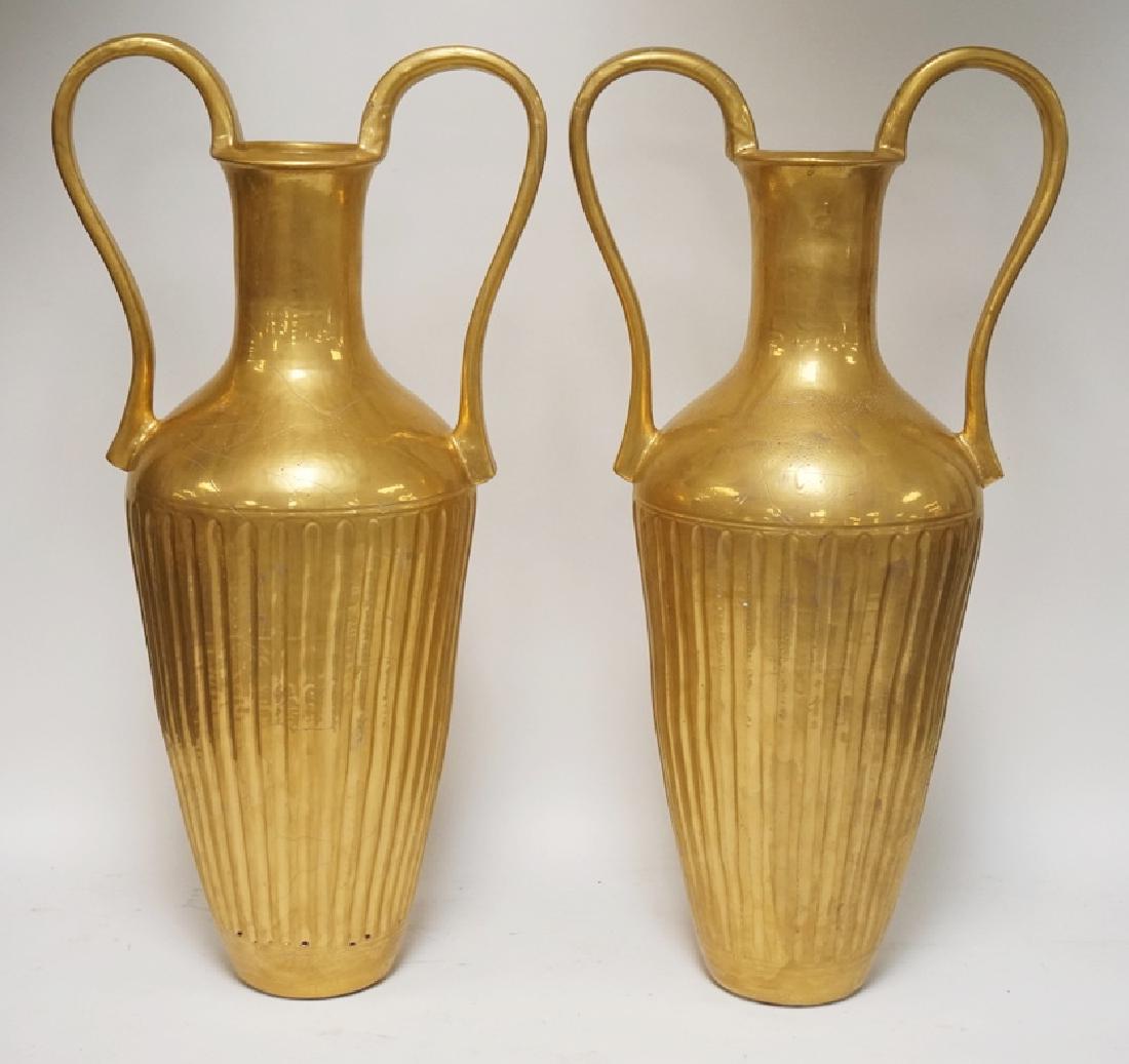 PAIR OF GOLD PAINTED CERAMIC FLOOR URNS. FLUTED BODIES. (1 of 3)
