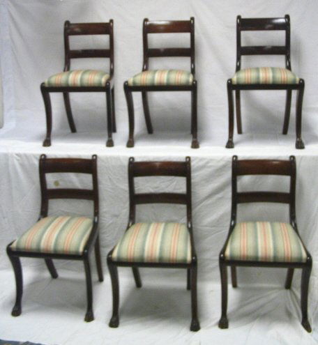 SET OF 6 PERIOD DUNCAN PHYFE CLAW FOOT CHAIRS: SET OF 6 PERIOD DUNCAN PHYFE CLAW FOOT DINING ROOM CHAIRS; ALL WITH STRAIGHT MORTISE CONSTRUCTION; 33 IN HIGH, 19 IN WIDE, 19 IN DEEP