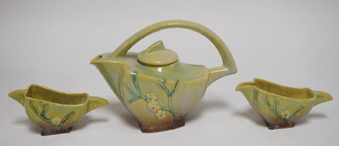 3 PIECE ROSEVILLE ART POTTERY TEA SET. THE HANDLE ON (1 of 2)