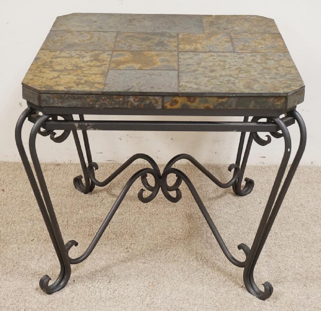 WROUGHT METAL AND SLATE TOPPED TABLE. 27 INCHES SQUARE. (1 of 2)