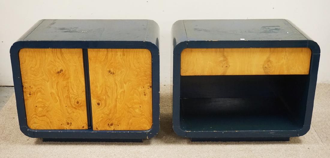 PHILIP DANIEL MID CENTURY MODERN NIGHTSTANDS IN BLUE: PHILIP DANIEL MID CENTURY MODERN NIGHTSTANDS IN BLUE WITH NATURALLY FINISHED BURLED DRAWER FRONTS AND DOORS. 30 INCHES WIDE. 24 INCHES HIGH.