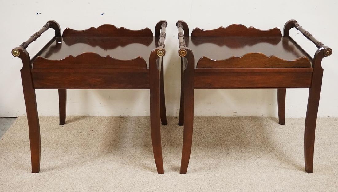 PAIR OF END TABLES WITH GALLERY TOPS. 28 1/4 X 25 AND: PAIR OF END TABLES WITH GALLERY TOPS. 28 1/4 X 25 AND 27 INCHES HIGH.