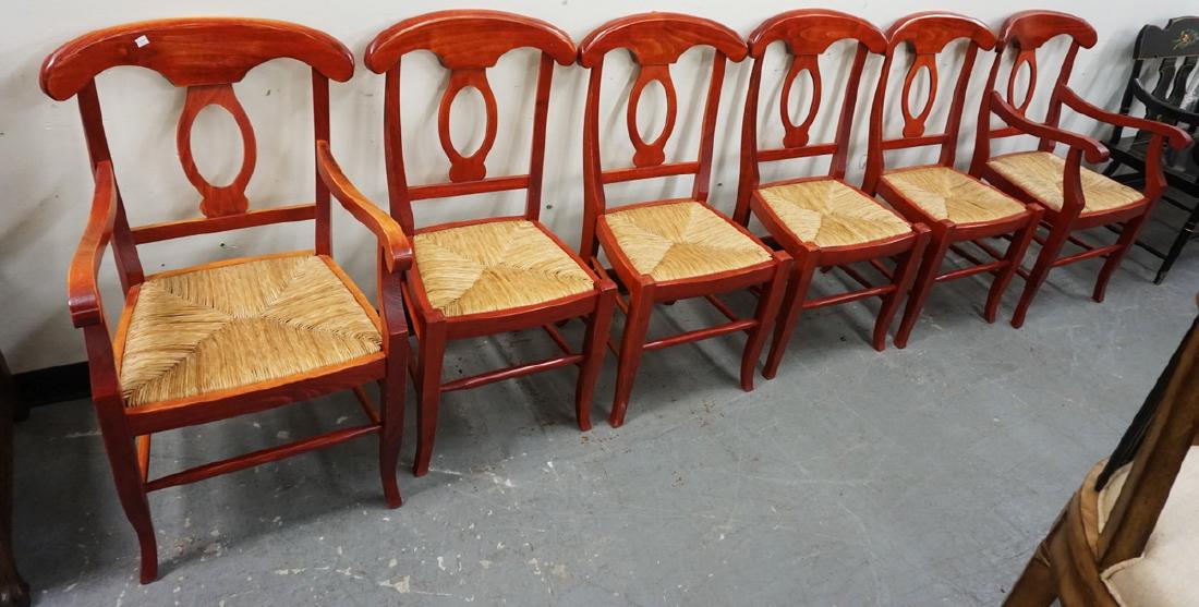 SET OF 6 COUNTRY DINING CHAIRS IN RED WITH RUSH SEATS. (1 of 2)