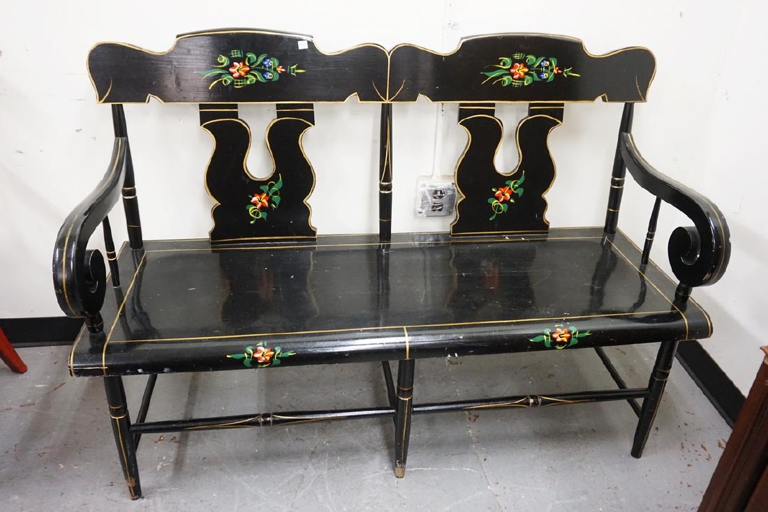 BLACK LACQUERED AND PAINT DECORATED BENCH 50 ½ INCHES (1 of 2)