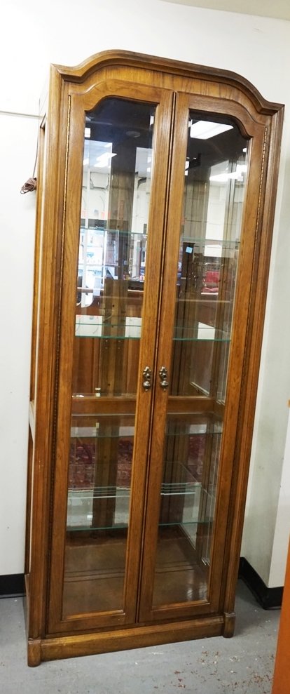 OAK CURIO CABINET WITH BEVELED GLASS DOORS, GLASS SHELV (1 of 2)