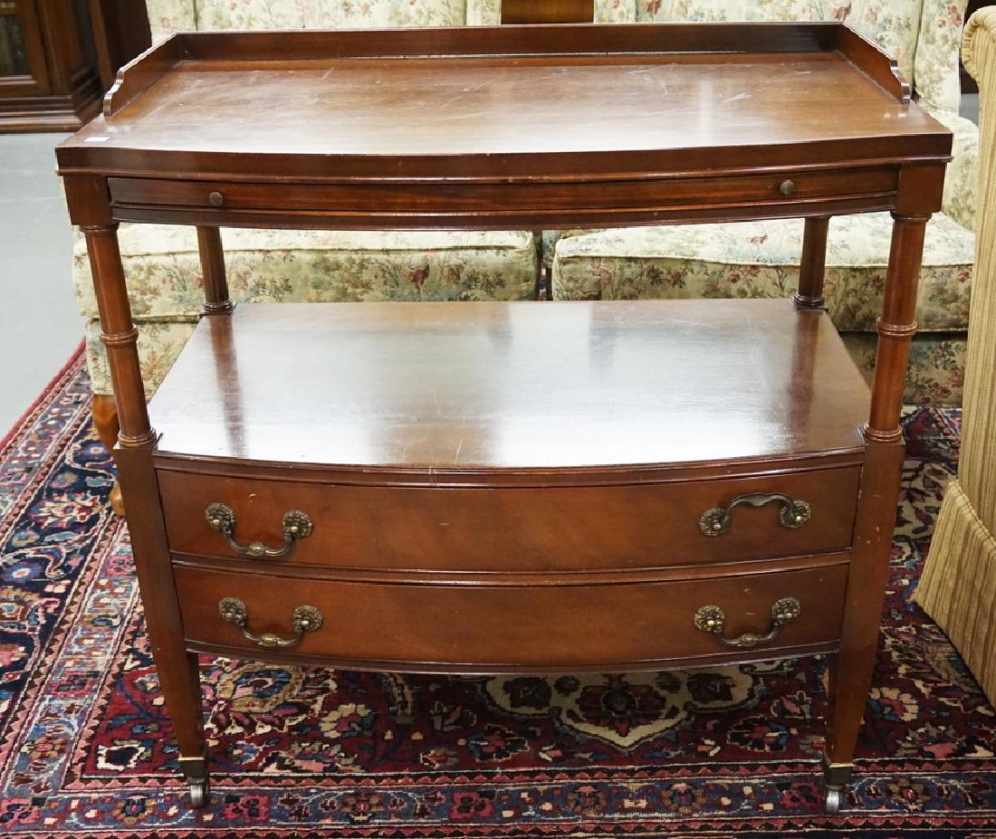 BOW FRONT MAHOGANY SERVER. 2 DRAWERS. PULL OUT SURFACE. (1 of 1)