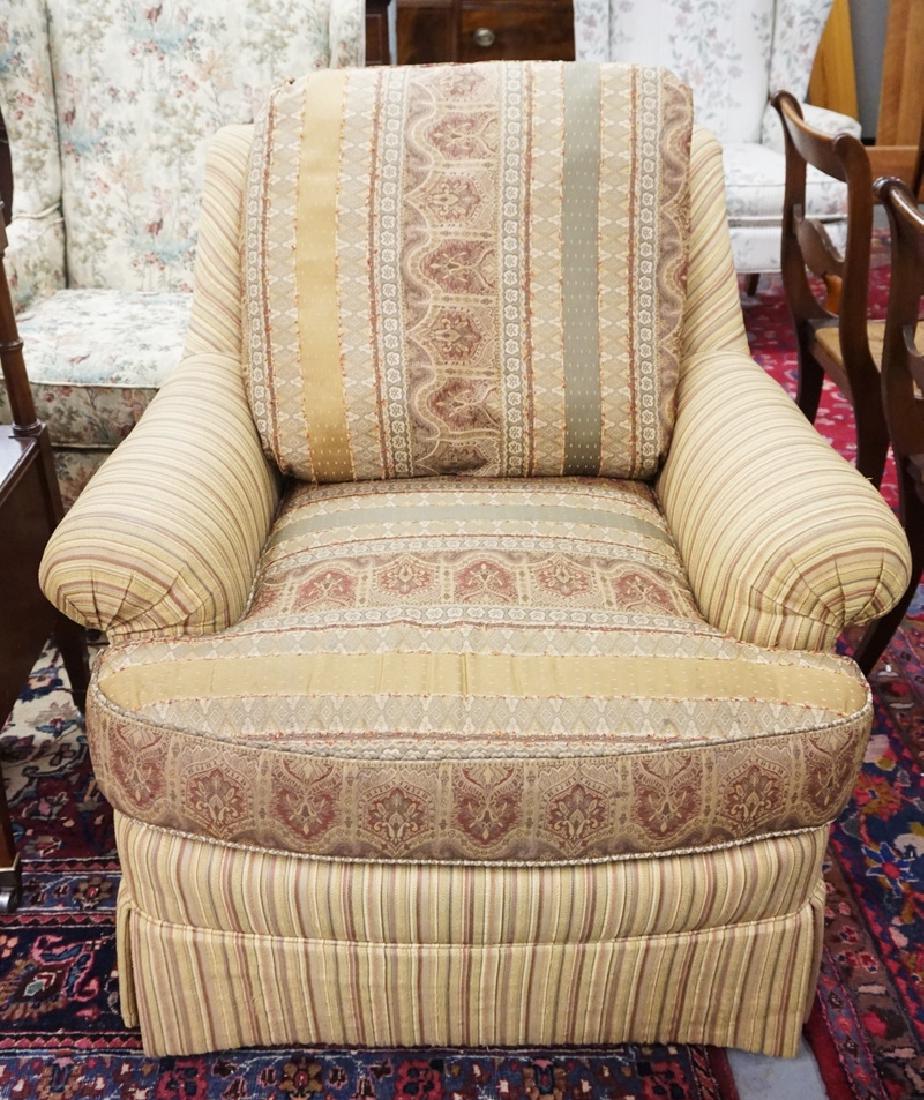 UPHOLSTERED LOUNGE CHAIR. WESLEY HALL. 36 INCHES WIDE.: UPHOLSTERED LOUNGE CHAIR. WESLEY HALL. 36 INCHES WIDE. 34 ½ INCHES HIGH.