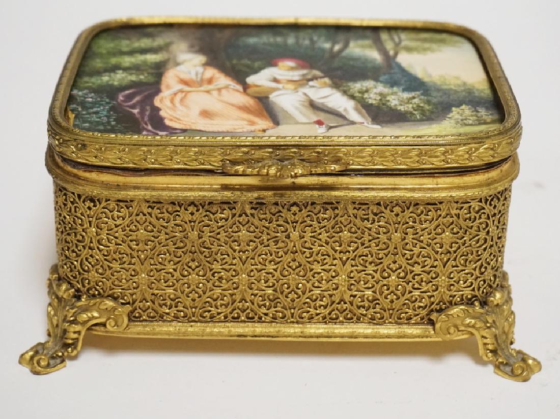 AUSTRIAN BRASS DRESSER BOX WITH A HAND PAINTED INSERT (1 of 2)