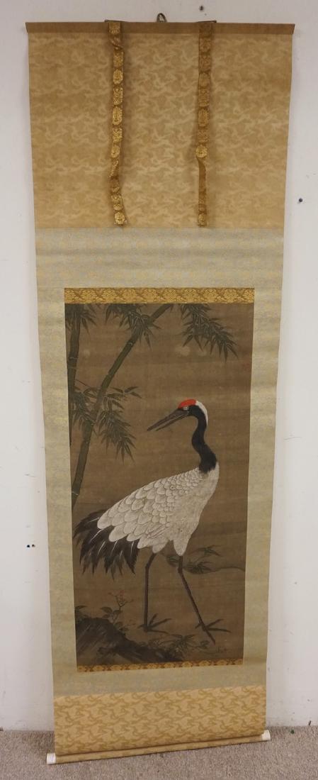 LARGE ASIAN HAND PAINTED SCROLL DECORATED WITH A CRANE. (1 of 3)