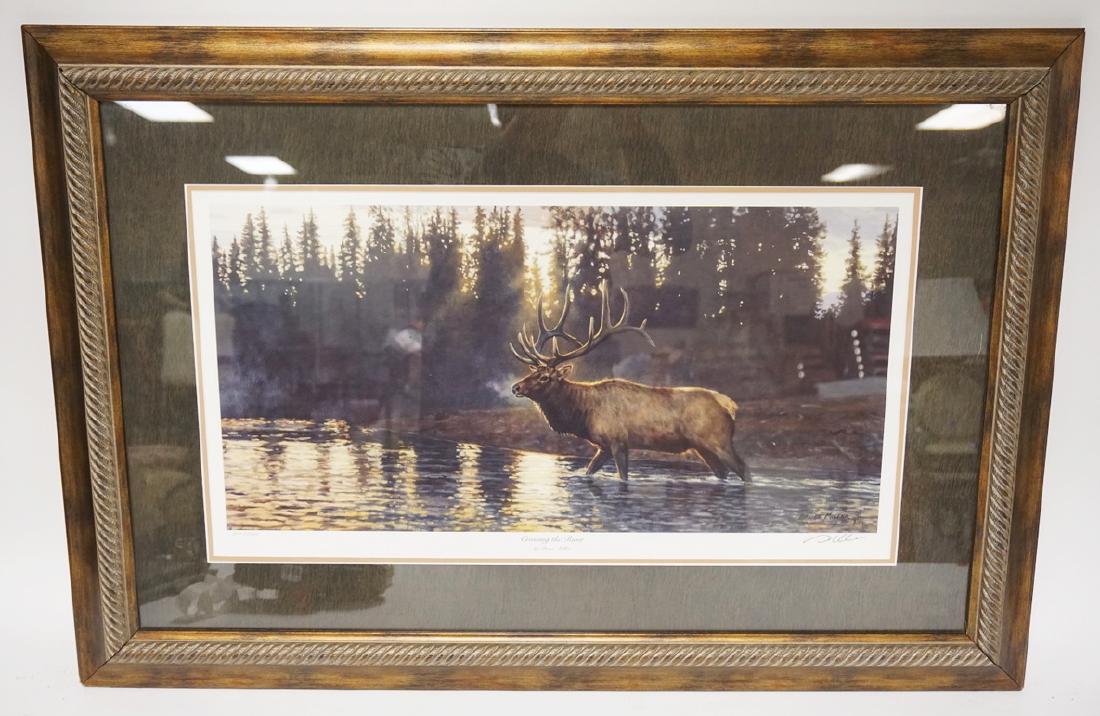 BRUCE MILLER PENCIL SIGNED LIMITED EDITION PRINT OF AN: BRUCE MILLER PENCIL SIGNED LIMITED EDITION PRINT OF AN ELK TITLED CROSSING THE RIVER. #301/5000. PROFESSIONALLY FRAMED AND DOUBLE MATTED. FRAME MEASURES 36 X 24 ½ INCHES.