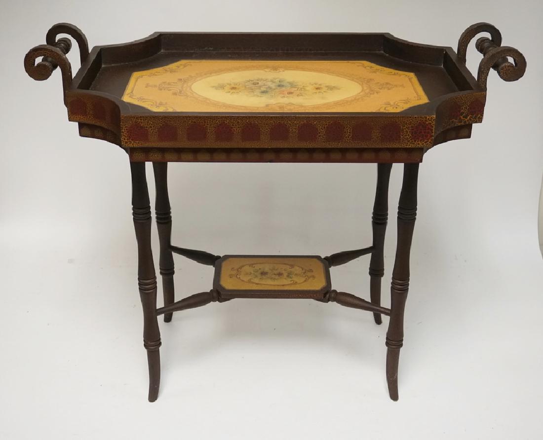 CONTEMPORARY TEA TABLE WITH A LIFT OFF TRAY TOP. 31 1/2: CONTEMPORARY TEA TABLE WITH A LIFT OFF TRAY TOP. 31 1/2 X 18 1/4 INCH TOP. 26 1/4 INCHES HIGH.