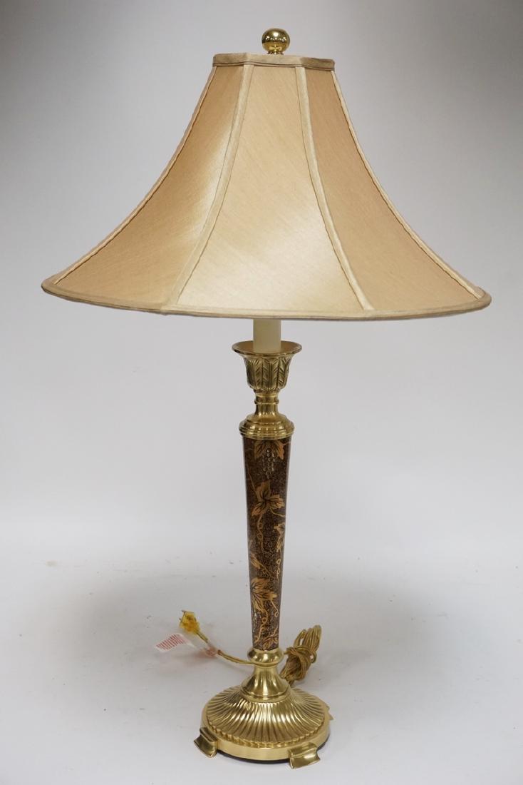 DECORATED BRASS TABLE LAMP WITH SHADE. 32 1/2 INCHES (1 of 2)