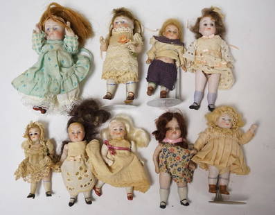 LOT OF 9 MINIATURE BISQUE DOLLS. MOSTLY GERMAN. TALLEST: LOT OF 9 MINIATURE BISQUE DOLLS. MOSTLY GERMAN. TALLEST IS 5 INCHES.