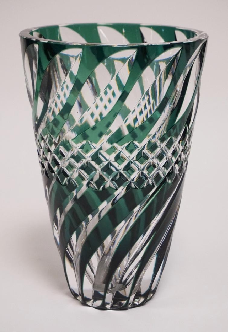 VAL ST LAMBERT: VAL ST LAMBERT EMERALD GREEN CUT TO CLEAR CRYSTAL VASE. 8 INCHES HIGH.