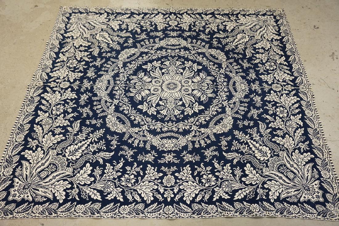 COVERLET: ANTIQUE BLUE & WHITE COVERLET. 2 PIECE CONSTRUCTION. 76 X 88 INCHES.