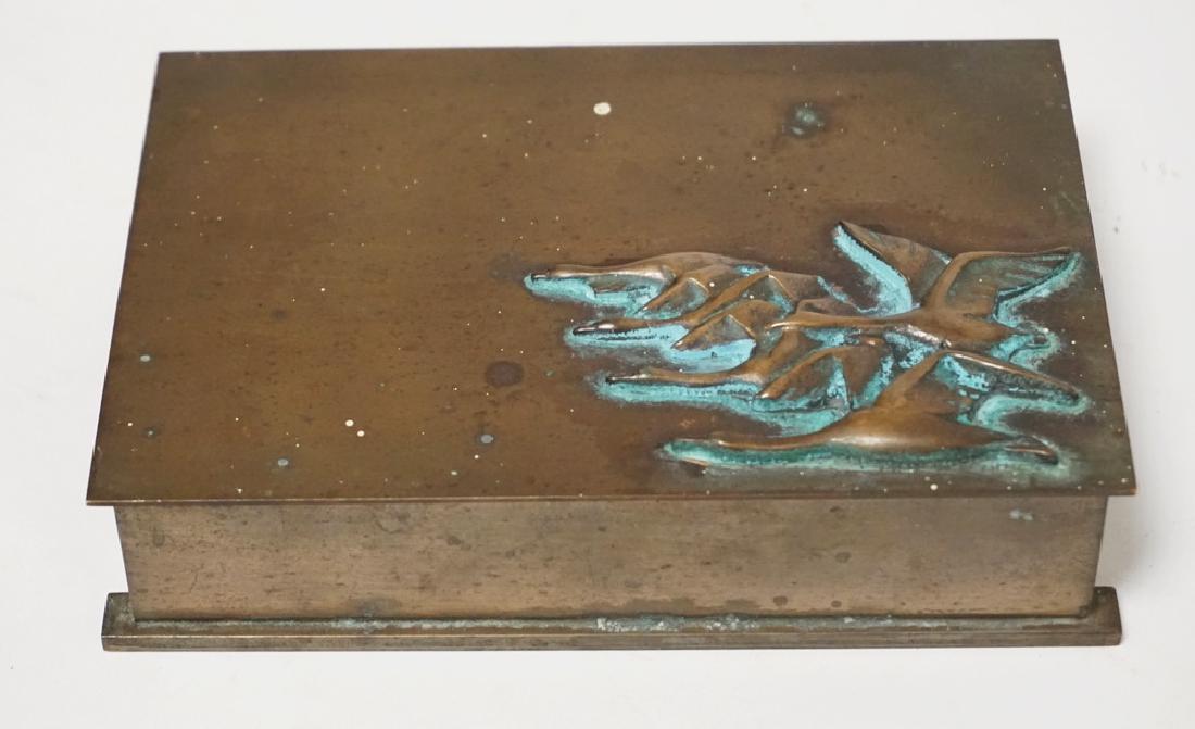 DANISH BRASS CIGARETTE BOX WITH FLYING GEESE ON THE: DANISH BRASS CIGARETTE BOX WITH FLYING GEESE ON THE LID. 6 3/8 X 4 3/8 AND 1 5/8 INCHES HIGH.