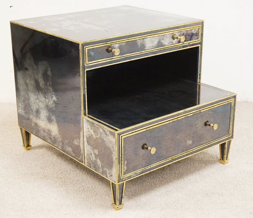 MODERN MIRRORED STEP UP END TABLE WITH 2 DRAWERS. 32: MODERN MIRRORED STEP UP END TABLE WITH 2 DRAWERS. 32 INCHES WIDE. 36 INCHES DEEP. 30 INCHES HIGH.