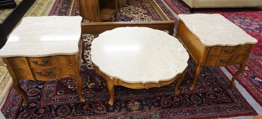 3 PIECE MARBLE TOP LIVING ROOM TABLE SET. COFFEE TABLE: 3 PIECE MARBLE TOP LIVING ROOM TABLE SET. COFFEE TABLE W/2 END TABLES.