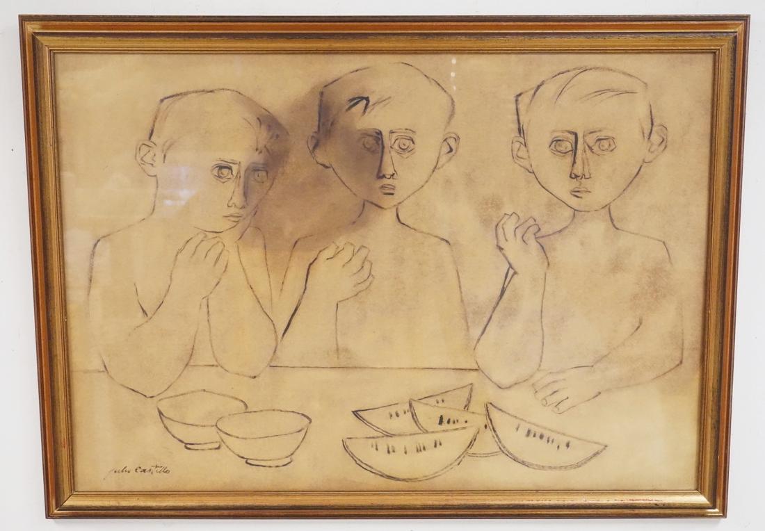 JULIO CASTILLO: JULIO CASTILLO PRINT OF 3 FIGURES WITH BOWLS AND MELON ON A TABLE. 36 1/2 X 26 3/4 INCH FRAME.